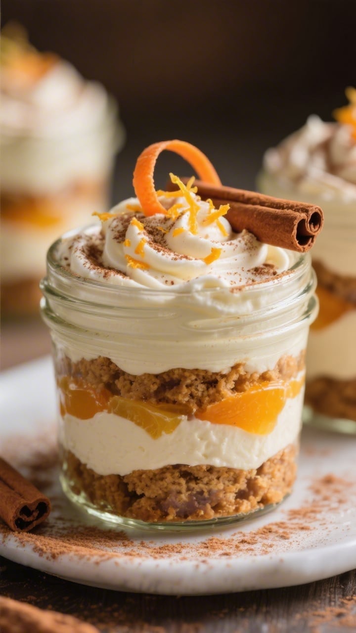 45-degree angle close-up of carrot cake tiramisu jars: layers of soft ginger/spice cookies soaked with a mix of pineapple juice, orange juice, and a splash of dark rum, alternating with thick maple-kissed mascarpone cream. Presented in small mason jars, dusted lightly with cinnamon, garnished with micro-grated orange zest and a tiny carrot ribbon curl. Warm, cozy tones, shallow depth of field to showcase the soaked cookie texture and creamy mascarpone swirls.