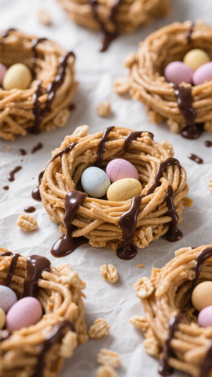 Close-up, straight-on shot of peanut butter nest cookies: glossy, chewy nests formed from creamy peanut butter mixed with honey/light corn syrup and vanilla, bound with crisp rice cereal or crunchy chow mein noodles, shaped into nests and finished with a delicate dark chocolate drizzle. Each nest cradles a few pastel candy eggs. Tight focus on the ridged, twig-like texture of the noodles/cereal and the sheen of the chocolate, set on parchment with scattered chocolate drips.