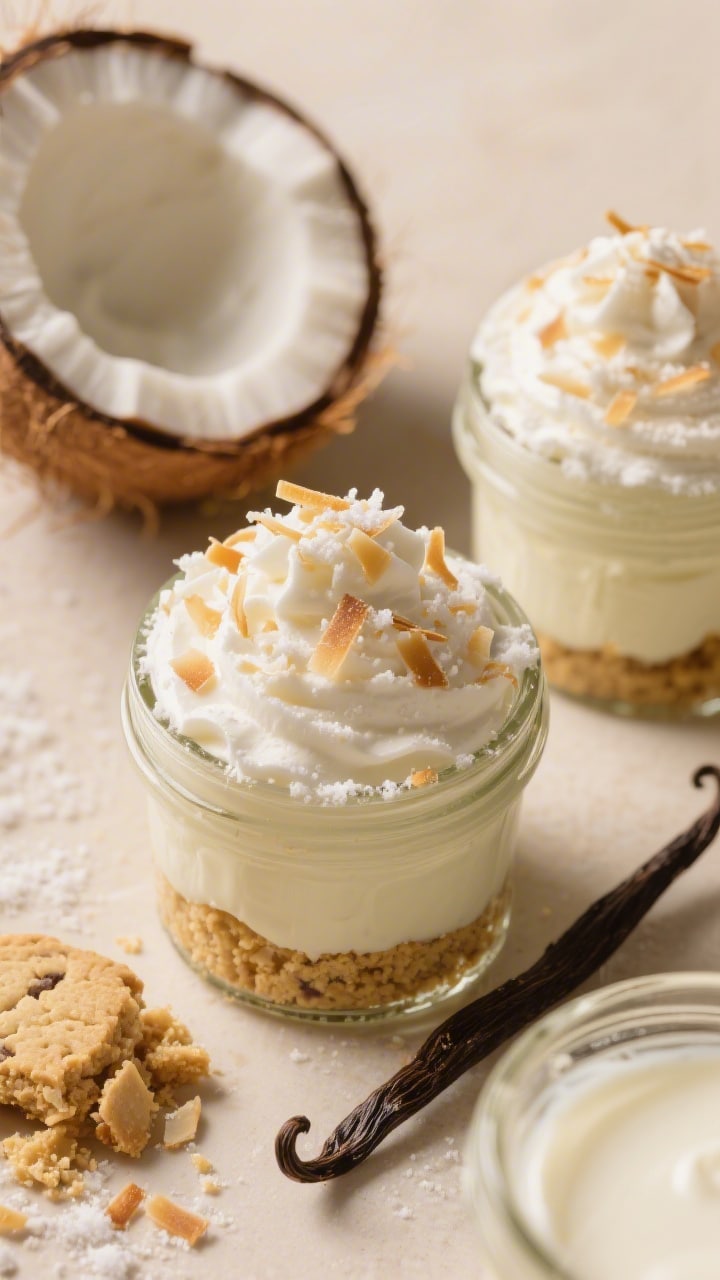 Ingredients-and-assembly shot at 3/4 overhead for coconut cream “bunny tail” pie jars: shortbread cookie crumb base (crushed cookies, melted butter, pinch of sea salt) in the bottoms of small jars, filled with lush coconut cream made from full-fat coconut milk and whole milk, topped with a dome of whipped cream and a generous snowfall of toasted shredded coconut “toasted snow.” A split vanilla bean and cracked coconut shell in frame, warm neutral background, golden highlights on the toasted coconut.