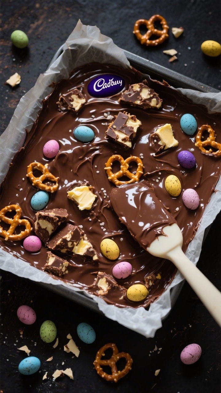 Overhead flat lay of Cadbury mini egg rocky road being set in a parchment-lined pan: melted semisweet and milk chocolate blended with butter, golden syrup, vanilla, and a pinch of salt, folded with crunchy salted pretzels and colorful Cadbury mini eggs. A spatula trails through the glossy mixture, with extra pretzel twists and cracked mini eggs scattered around. Moody contrast lighting highlighting shiny chocolate and rough, chunky mix-ins.