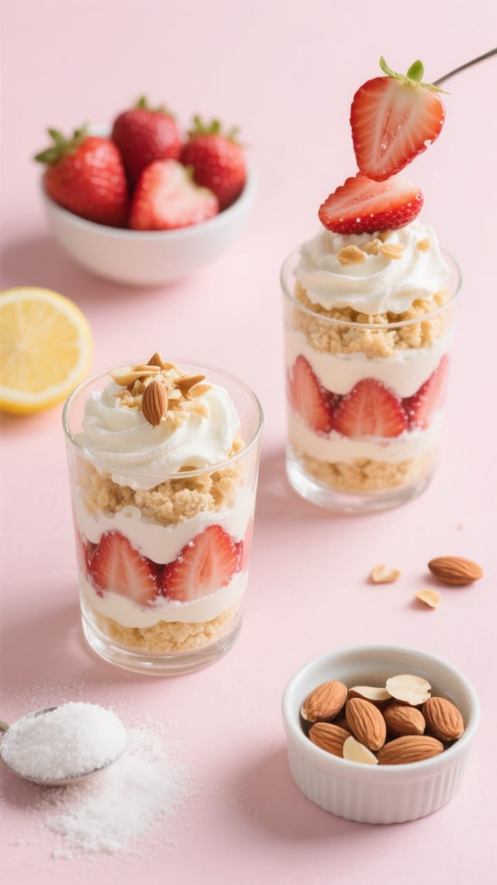 Overhead parfait assembly scene: Strawberry Shortcake Parfaits layered in clear glasses—macereated sliced strawberries glistening with sugar and a touch of lemon juice, tender shortcake crumbles made from sweetened flour dough, and soft whipped cream; sprinkle of almond crunch on top; ingredients staged around: a bowl of sliced strawberries, lemon wedge, small pile of flour and sugar, and a ramekin of toasted sliced almonds; airy spring feel, pale pink backdrop.