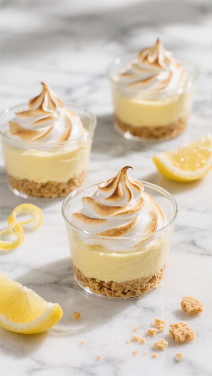 Overhead shot of individual lemon meringue cheesecake cups in clear glass tumblers: a buttery graham/digestive biscuit crumb crust (crushed biscuits, melted unsalted butter, a hint of granulated sugar) topped with a silky pale-yellow lemony cream cheese layer, finished with toasted swirls of glossy meringue peaks. Styled on a cool marble surface with lemon zest curls, halved lemons, and a few scattered biscuit crumbs; bright, sunlit mood, high contrast, sharp detail on textures of crumb, creamy cheesecake, and torched meringue tips.
