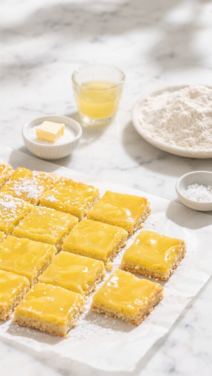 Overhead shot of Sunshine Lemon Bars freshly cut into neat squares on a parchment-lined shortbread base, golden edges with a vibrant glossy lemon curd filling dusted lightly with powdered sugar; include a small bowl of granulated sugar, a stick of melted butter in a glass cup, a mound of all-purpose flour, and a pinch bowl of fine sea salt off to the side; bright afternoon light, clean white marble surface, crisp textures emphasizing the shortbread snap and zesty lemon color.