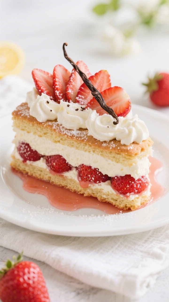 Plated, 45-degree angle of a strawberry shortcake icebox cake slice: neat layers of macerated fresh strawberries (with granulated sugar and lemon juice), soft cookies/crackers (shortcake-style), and billowy vanilla bean whipped cream-cheese clouds (heavy cream, cream cheese, powdered sugar, vanilla). The slice sits on a white plate with strawberry juices pooling slightly, topped with a fan of sliced berries and visible vanilla bean specks. Bright, airy spring vibe with a linen napkin and a few whole strawberries nearby.