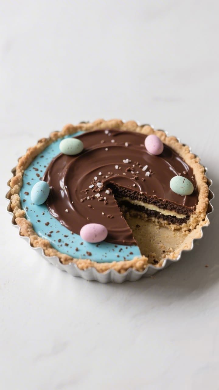 Straight-on hero shot of a speckled robin’s egg chocolate tart: deep chocolate sandwich cookie crust (Oreos, melted butter, pinch of fine sea salt) in a fluted tart pan, filled with smooth semisweet chocolate ganache. The surface is painted a soft robin’s egg blue, artfully speckled with cocoa flecks, and adorned with a few pastel candy eggs. Clean, matte background, gentle side light emphasizing the glossy ganache edge against the sandy cookie crumb, slice partially pulled out to reveal distinct layers.