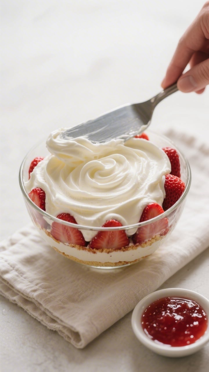 Close-up, 45-degree angle process shot of the cream layer being smoothed over the strawberry layer i