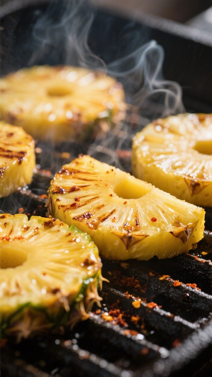 Close-up cooking process: Thick pineapple spears sizzling on a hot grill at medium-high heat, deep c