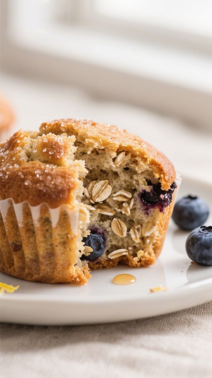 Close-up detail: A freshly baked oat blueberry muffin torn open to reveal a tender, moist crumb with