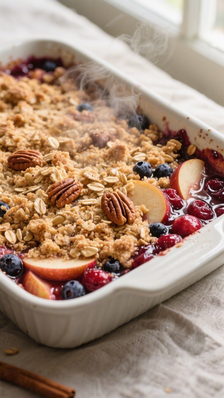 Close-up detail, cooking process: A bubbling Rustic Apple and Berry Crumble just out of the oven in 