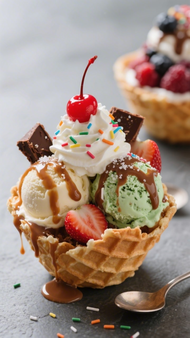 Close-up detail of a finished sundae in a waffle bowl, two pre-scooped, slightly frosty scoops (vani