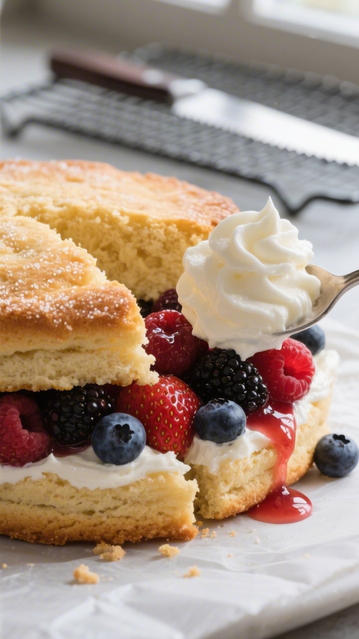 Close-up detail of a freshly baked shortcake just split and being assembled: golden-brown biscuit wi
