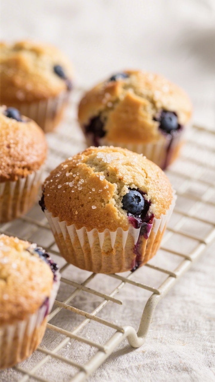 Close-up detail of freshly baked blueberry muffins just out of the pan, golden domed tops with a lig