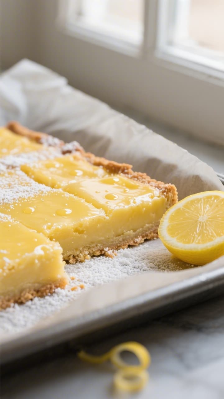 Close-up detail of freshly baked monk fruit–sweetened lemon bars just lifted from the pan, silky l