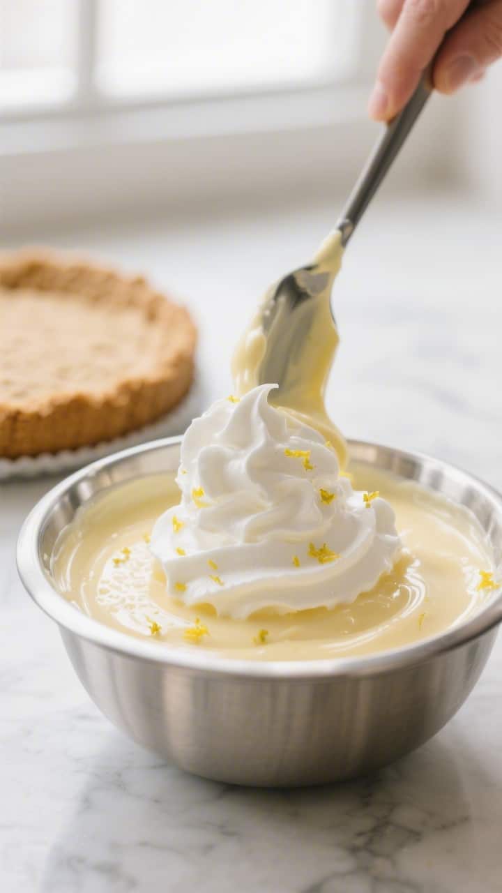 Close-up detail, process shot: A chilled stainless-steel bowl of soft, billowy whipped cream being g