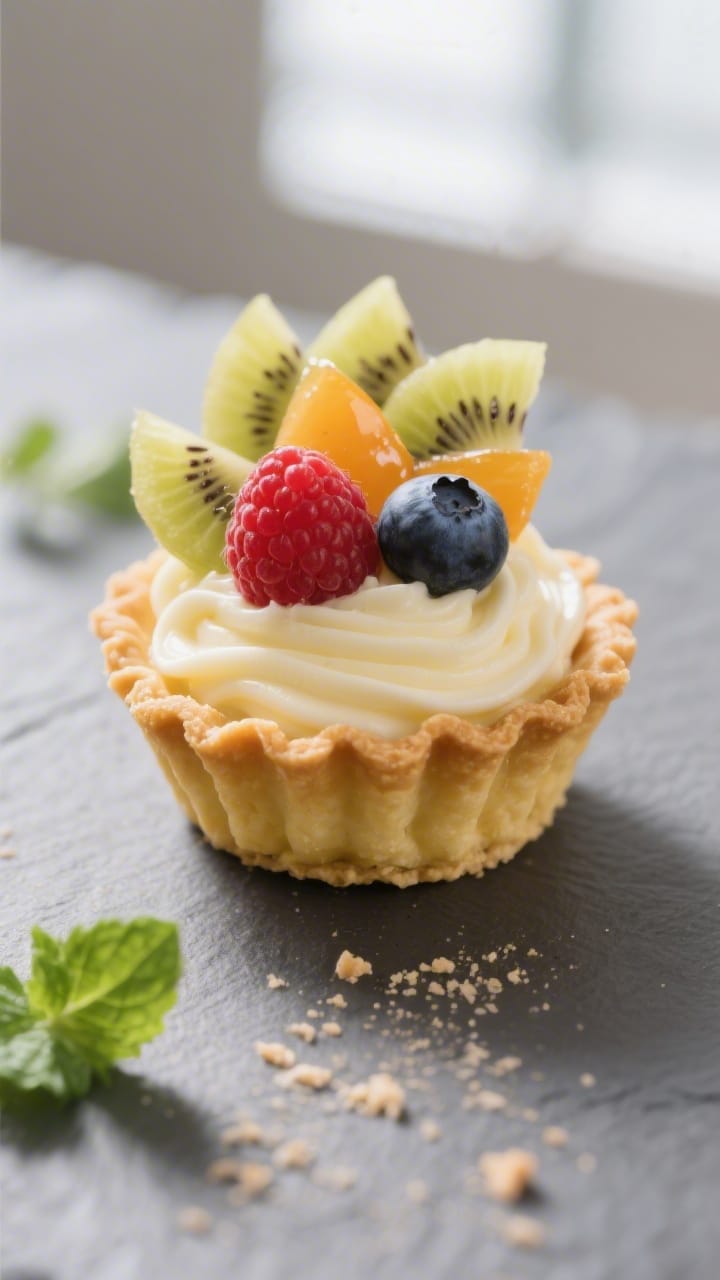 Close-up detail shot: A just-filled mini fruit tartlet held in a fluted, golden-baked shell, silky v