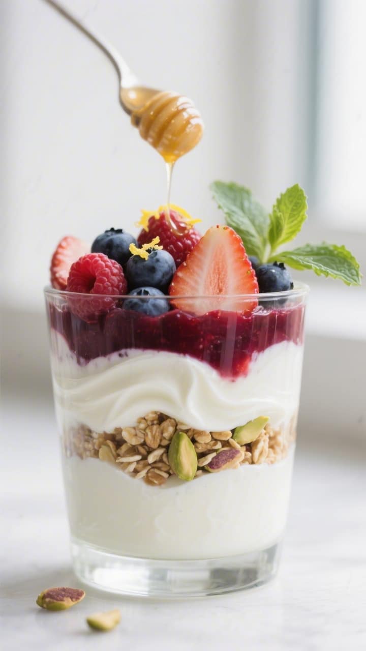 Close-up detail shot of a layered Greek Yogurt Berry Parfait mid-assembly: a clear tumbler with a sm