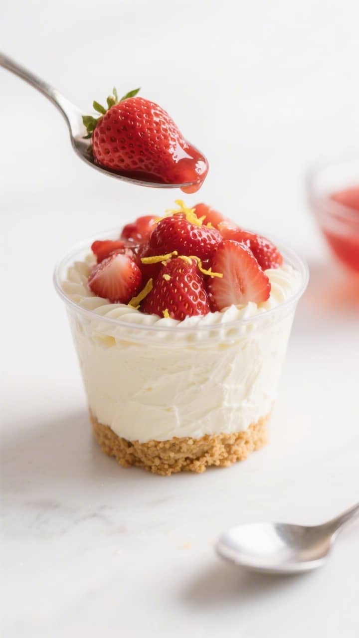 Close-up detail shot of a prepared no-bake strawberry cheesecake cup mid-assembly: a clear 8-ounce c
