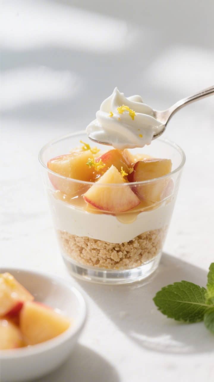 Close-up detail shot of layered Fresh Peach and Cream Dessert Cups mid-assembly: a clear 6-ounce gla