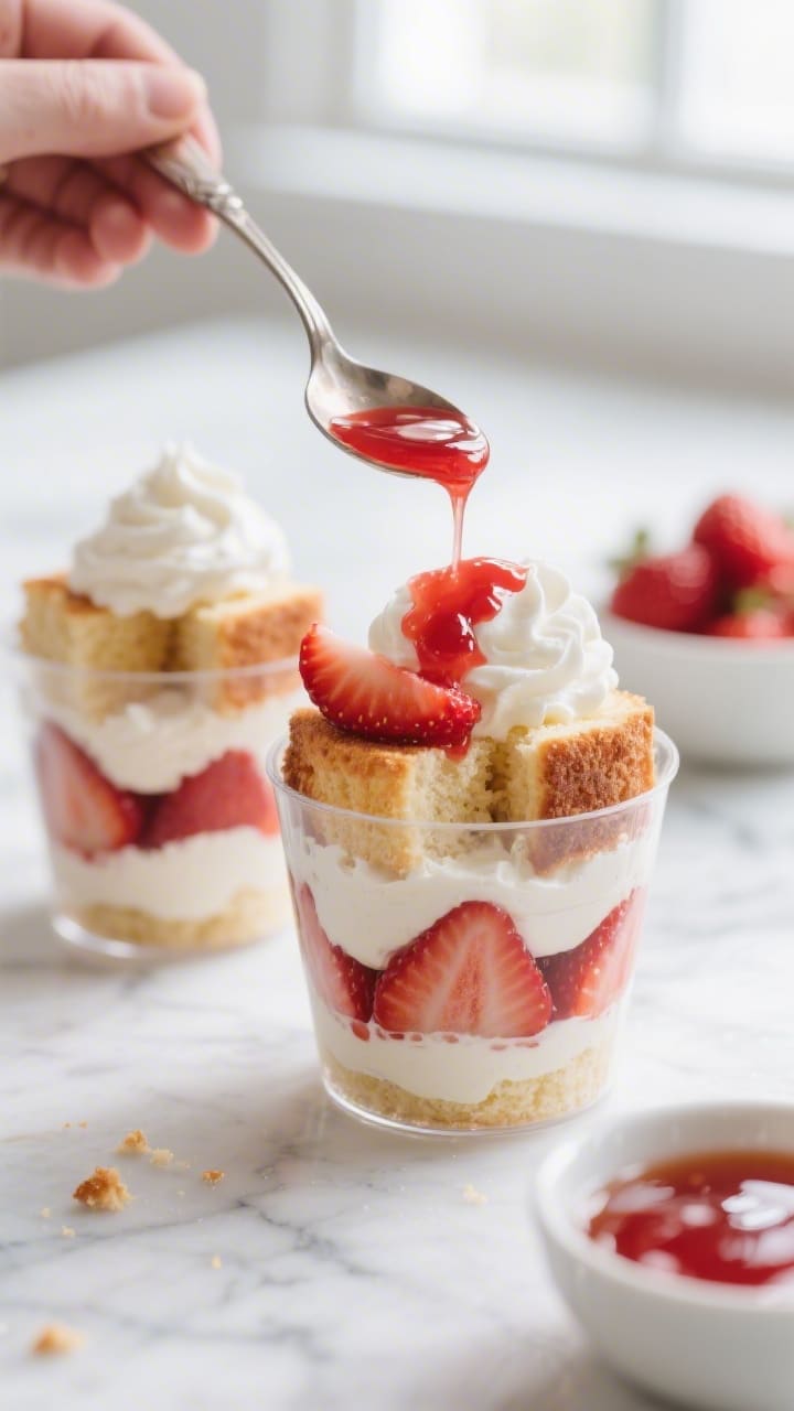 Close-up detail shot of layered strawberry shortcake cups mid-assembly: small clear glasses with vis