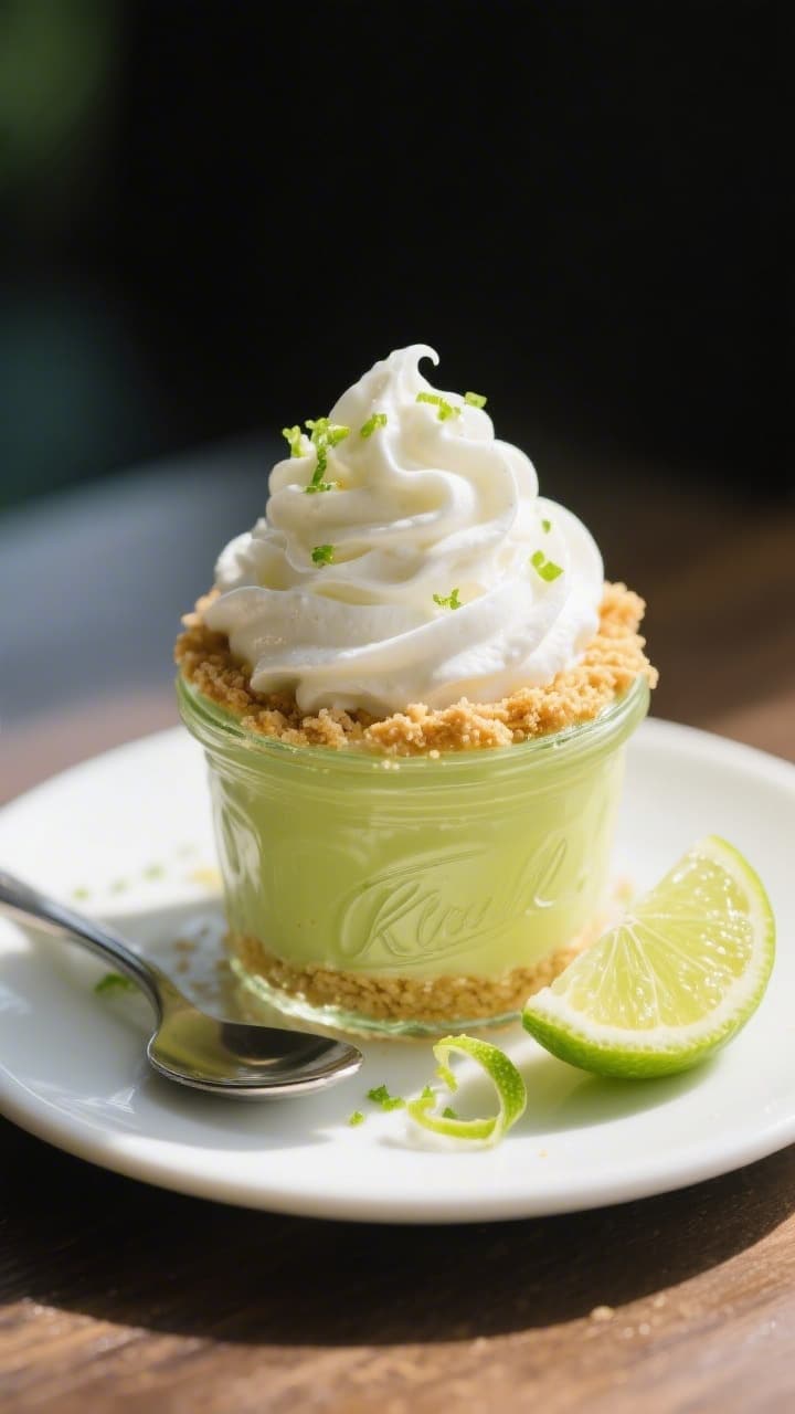 Close-up final presentation of a single mini mason jar key lime pie: billowy soft-peak whipped cream