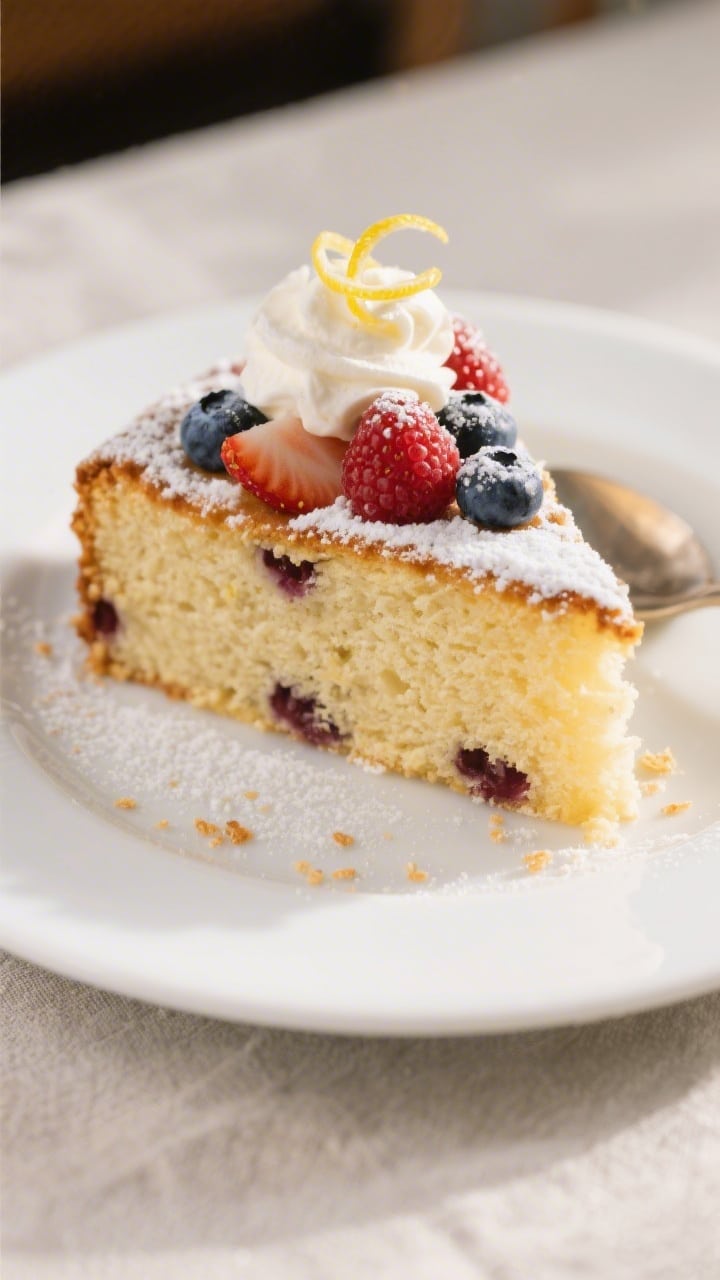 Close-up final slice of Lemon Ricotta Cake plated on a simple white dessert plate, showing the tende