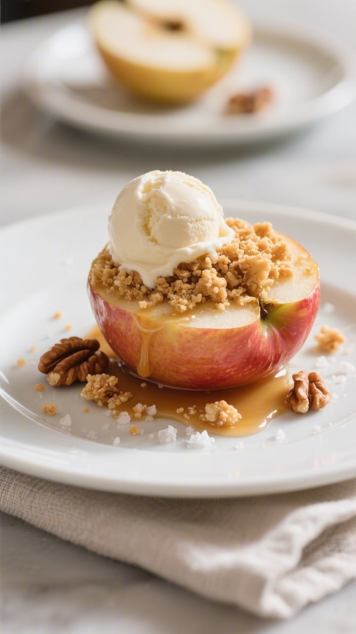 Close-up plated final dessert: a single baked apple half on a matte white dessert plate, topped with
