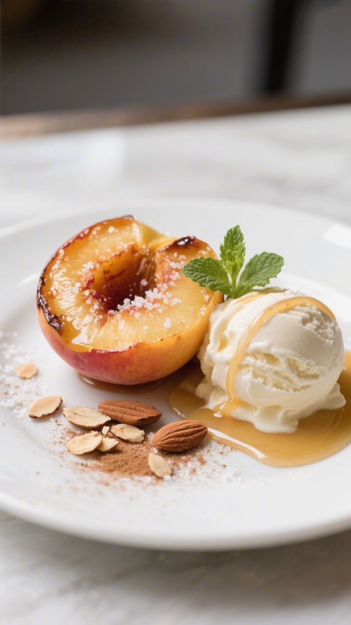 Close-up plated final dessert: a single baked peach half on a matte white plate with a generous scoo