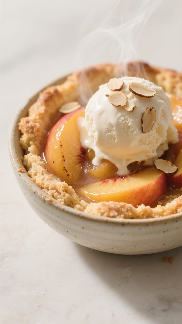 Close-up, shallow depth-of-field detail of a warm peach cobbler scoop in a small ceramic bowl topped
