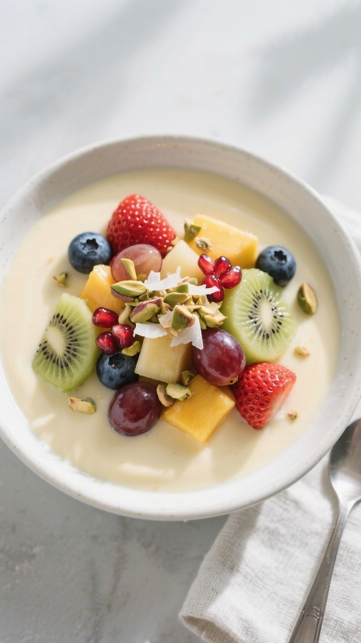 Final dish overhead: Chilled creamy fruit custard in a wide, shallow white ceramic bowl, . Folded-in