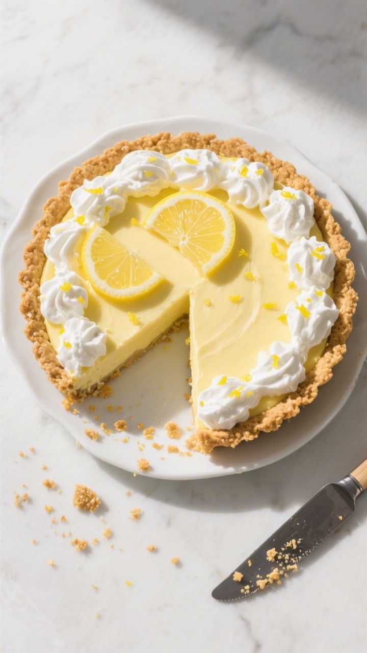 Final dish, tasty top view: Overhead shot of a fully set 9-inch no-bake lemon icebox pie in a golden