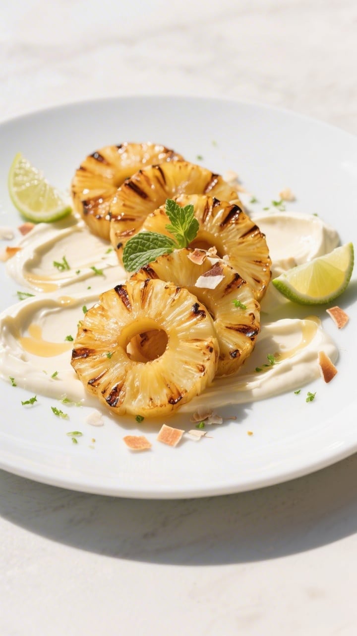 Final plated dish, tasty top view: Overhead shot of warm grilled pineapple rings with bold char line