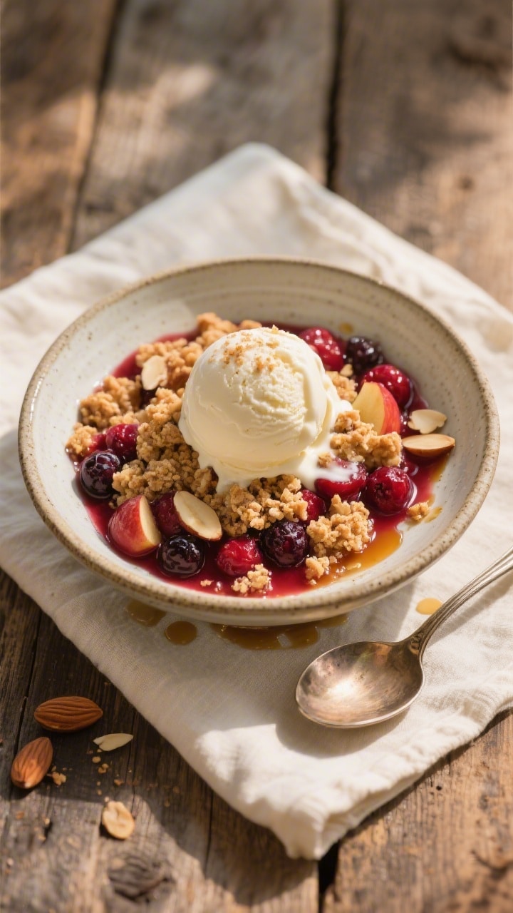 Final plated, tasty top view: Overhead shot of a warm serving of Rustic Apple and Berry Crumble scoo