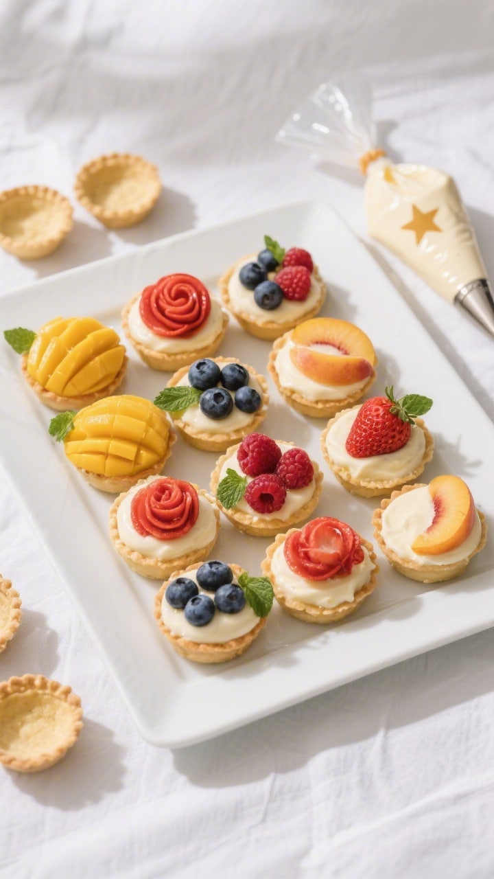 Overhead final presentation: A tidy grid of assorted mini fruit tartlets on a white porcelain platte