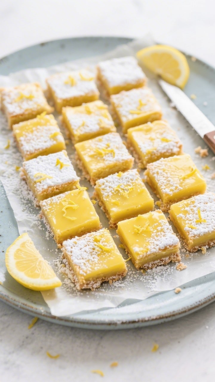 Overhead final presentation: neatly sliced squares (20–24) of monk fruit lemon bars arranged on a 