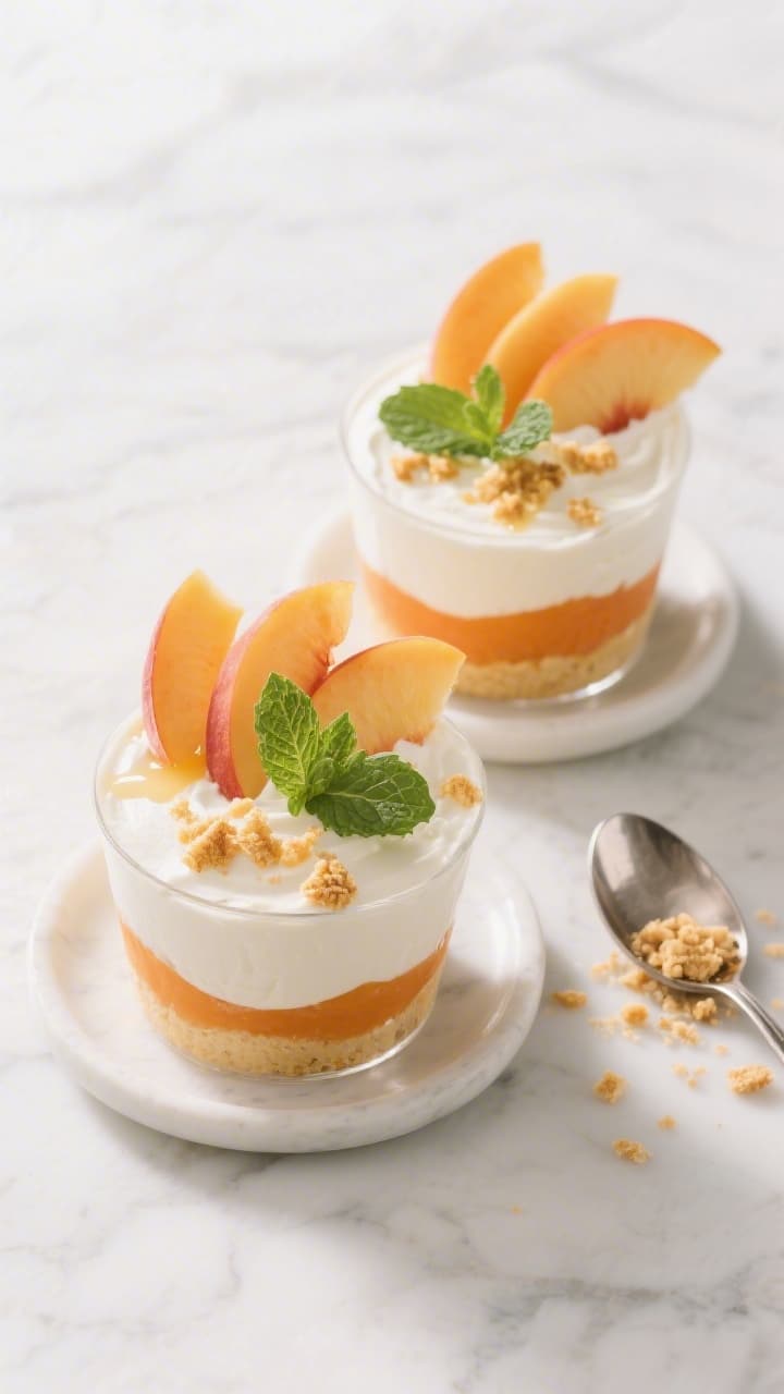 Overhead final presentation of two finished Fresh Peach and Cream Dessert Cups: showing neat double