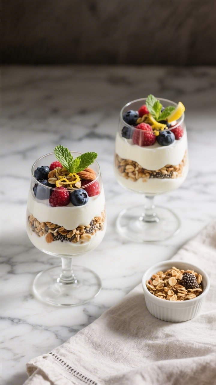 Overhead final presentation of two finished Greek Yogurt Berry Parfaits in stemless wine glasses: ne