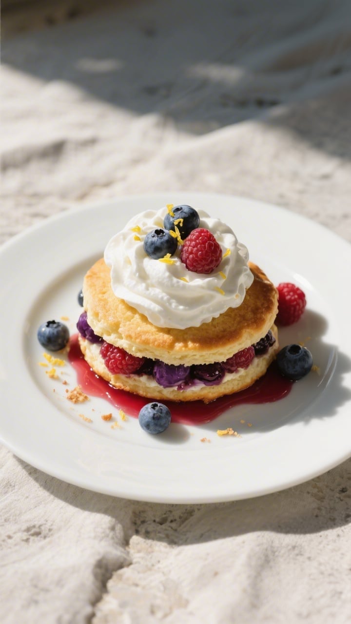 Overhead final presentation shot: assembled Summer Berry Shortcakes on a matte white plate, top halv