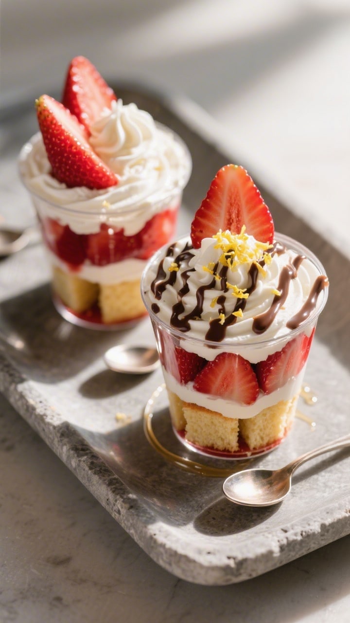 Overhead final presentation shot of 8–10 oz dessert cups fully assembled: neat layers of pound cak