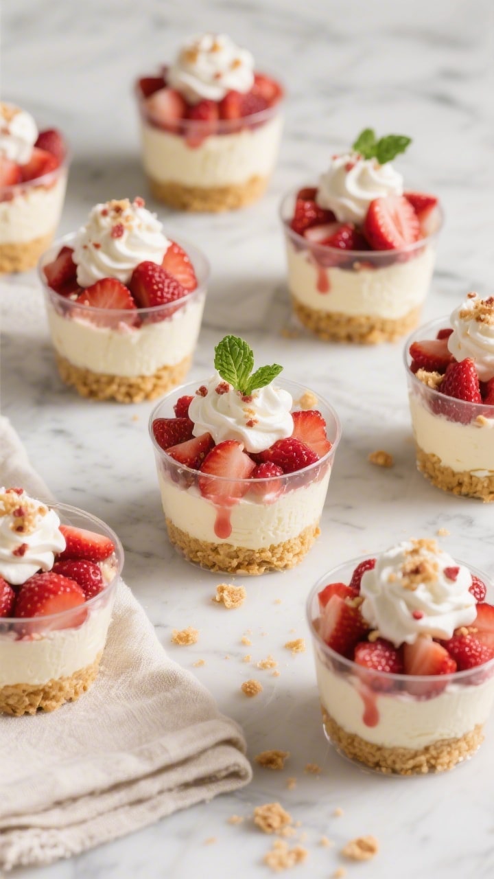 Overhead final presentation shot of multiple no-bake strawberry cheesecake cups arranged on a light 