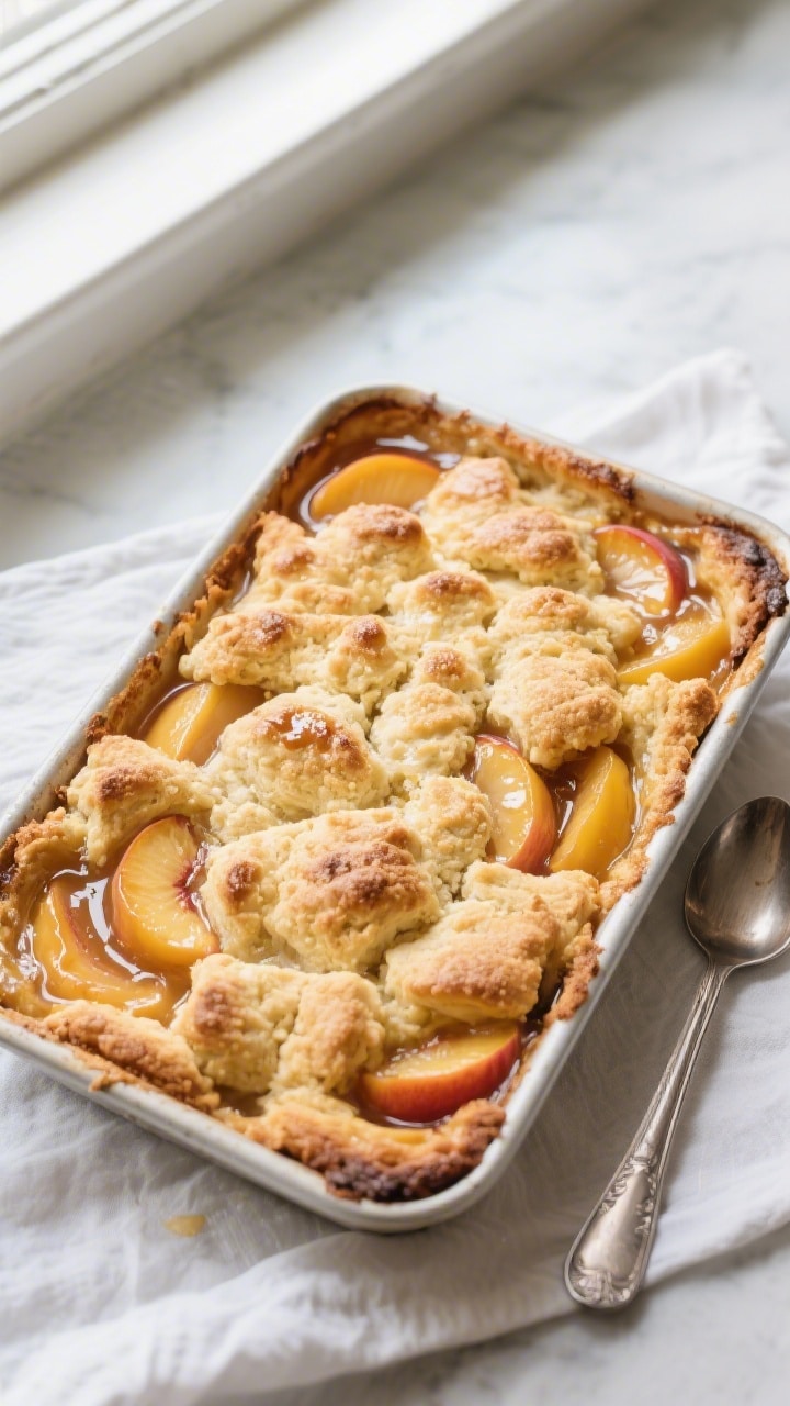Overhead shot of a freshly baked peach cobbler just out of the oven in a 9x13-inch baking dish, show
