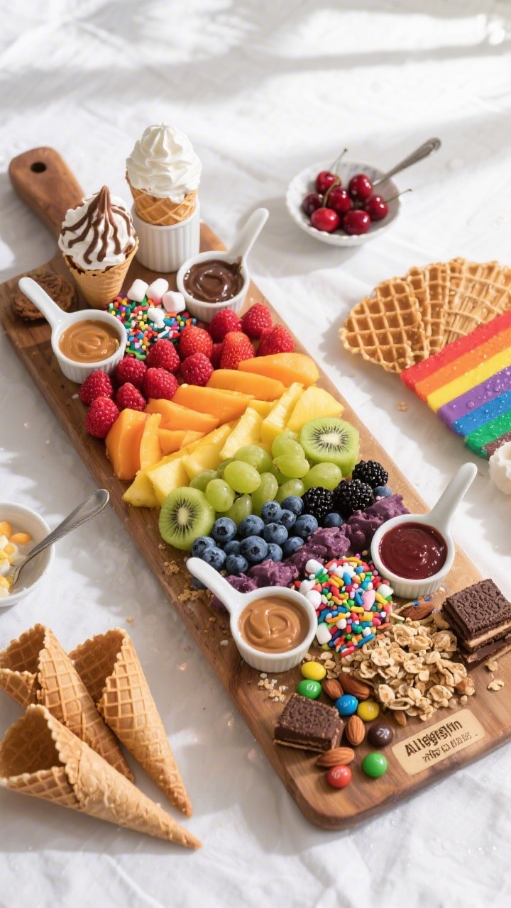 Overhead shot of a fully assembled Rainbow Ice Cream Sundae Board on a chilled wooden board, arrange