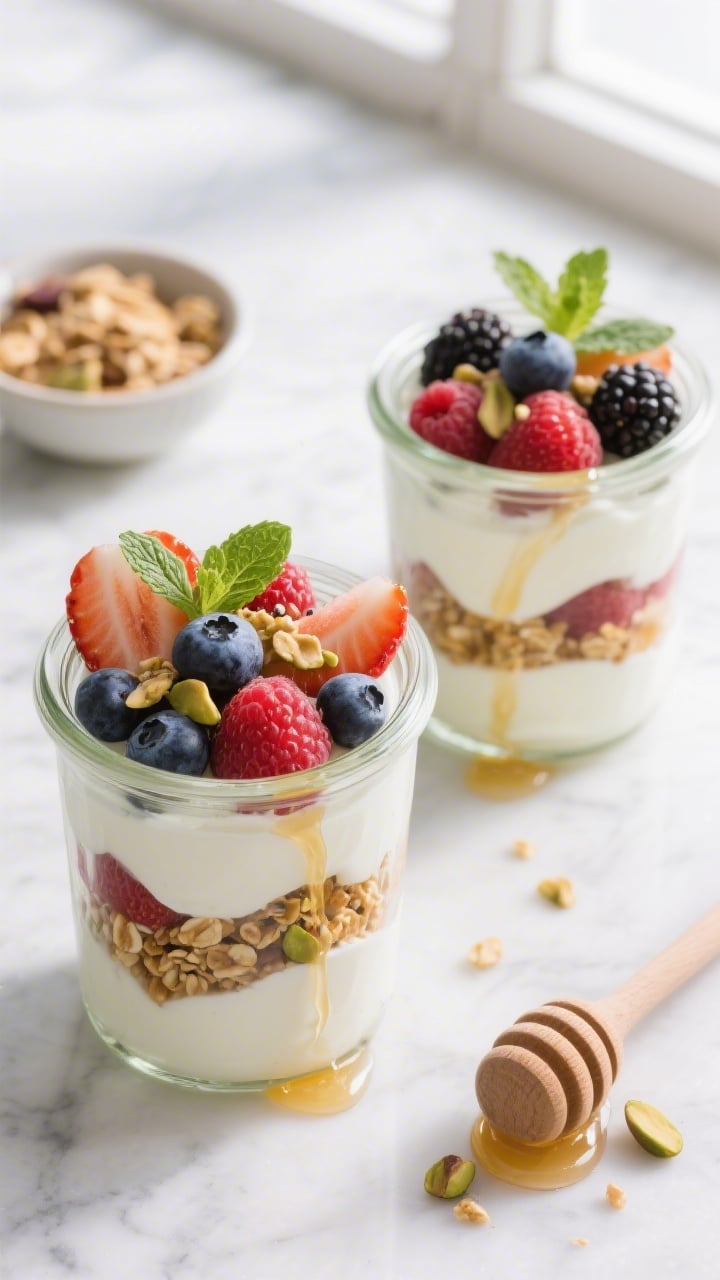 Overhead shot of assembled berry yogurt parfait cups in clear glass jars, showing neat alternating l