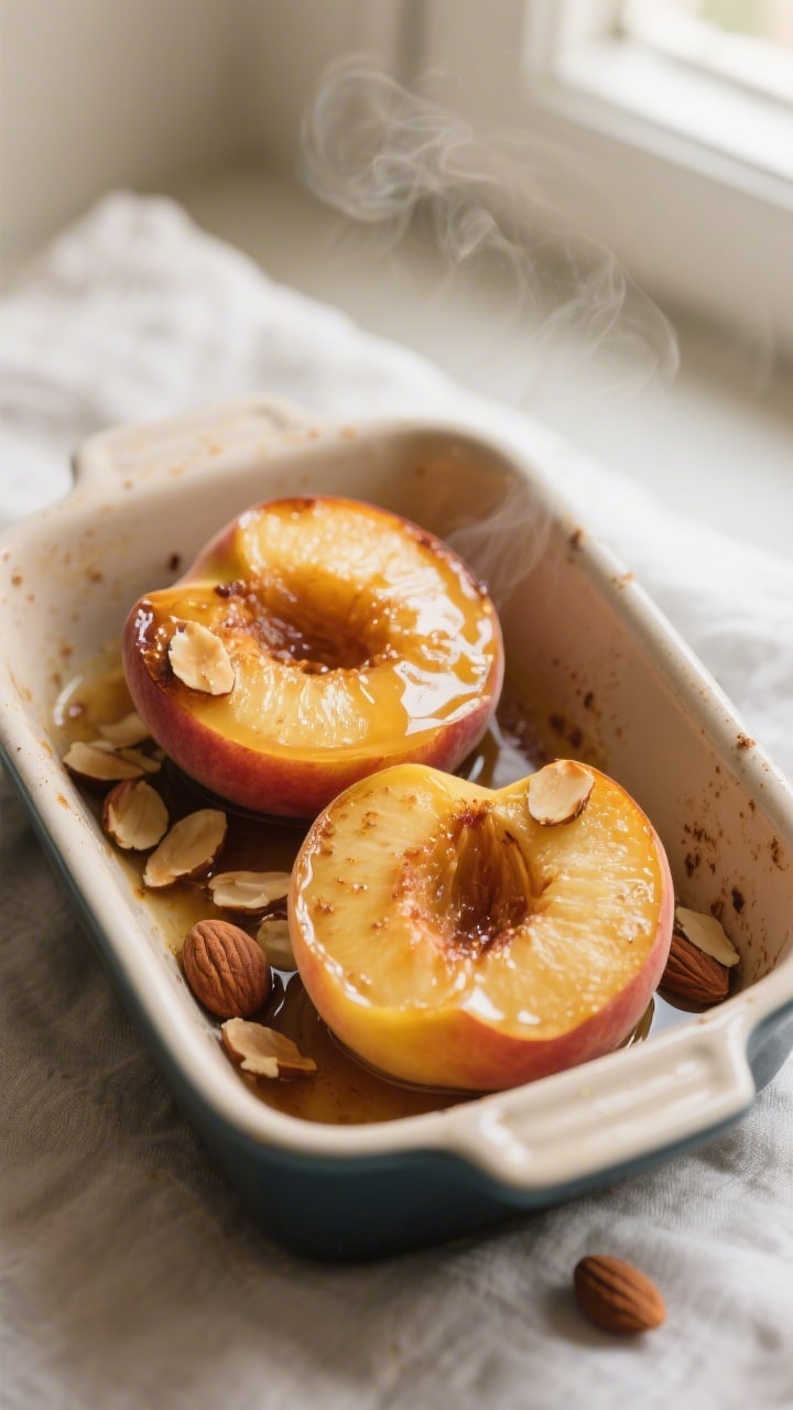 Overhead shot of baked peach halves snug in a small ceramic baking dish fresh from the oven, cut-sid