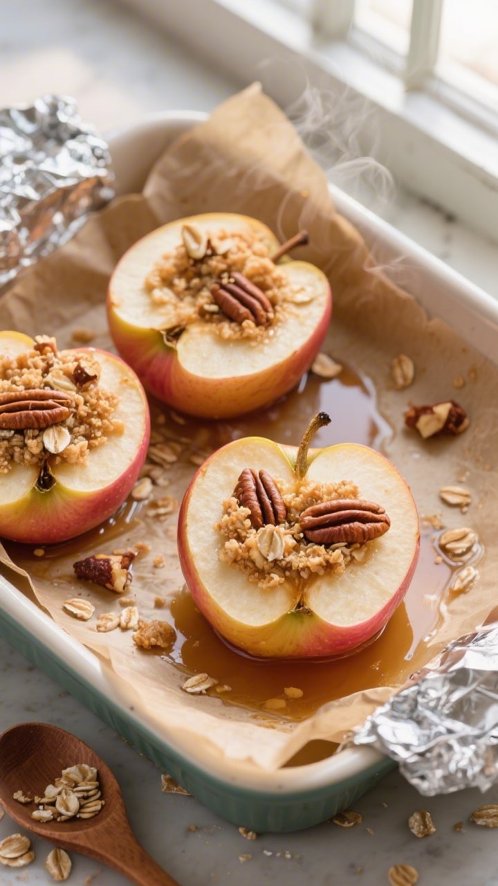 Overhead shot of halved baked apples just out of the oven, cut-side up in a parchment-lined ceramic 