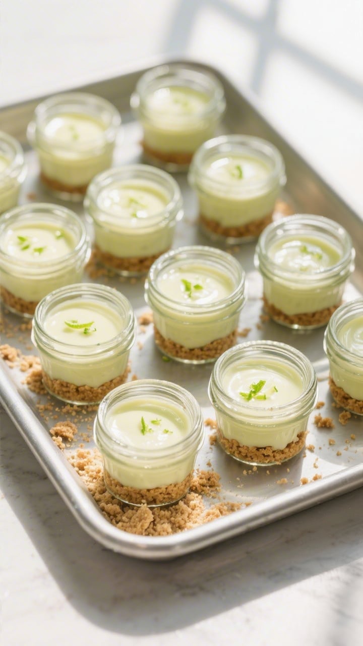 Overhead shot of mini mason jar key lime pies just filled and setting: a tray of 6–8 clear 4–8 o