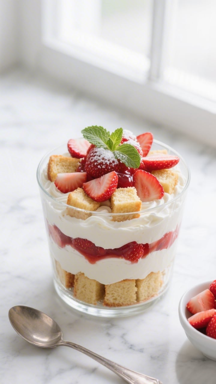 Overhead shot of the assembled Classic Strawberry Fruit Trifle in a clear glass trifle dish, showing