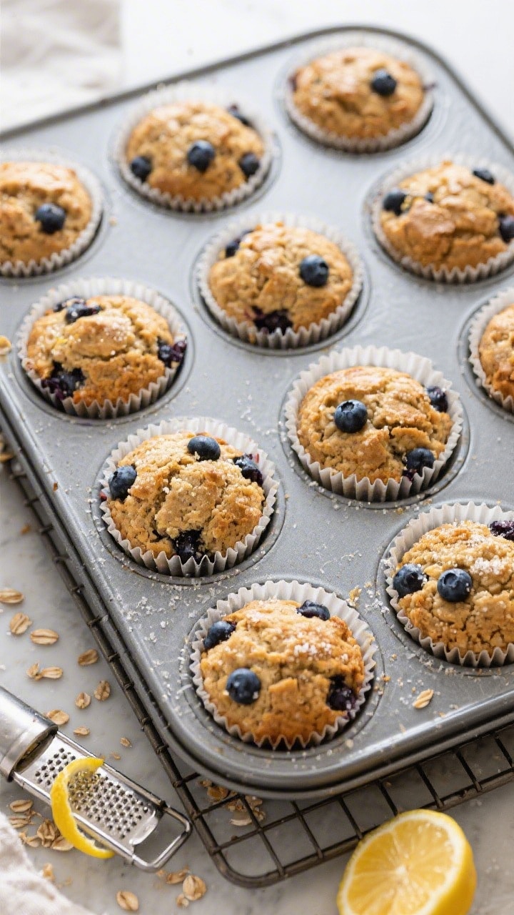 Tasty top view: Overhead shot of a 12-cup muffin tin just out of the oven, each cup nearly full with