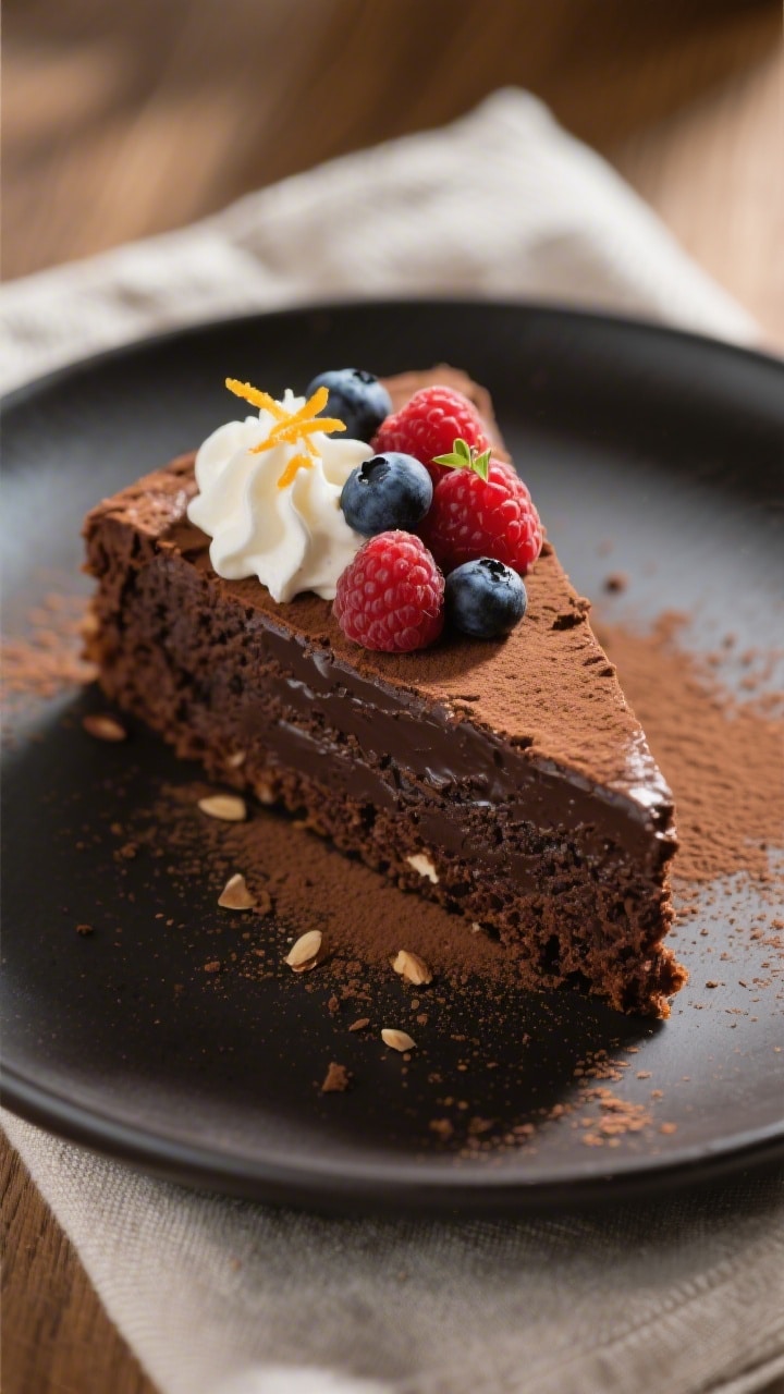 Close-up, café-style plated slice of flourless chocolate almond cake with ultra-fudgy crumb and shi