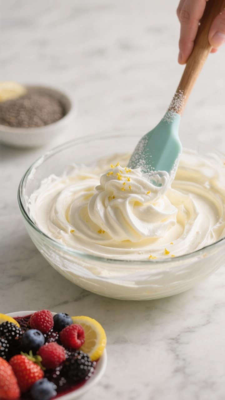 Close-up detail and process: A glass mixing bowl with silky, lump-free cream cheese mousse being gen