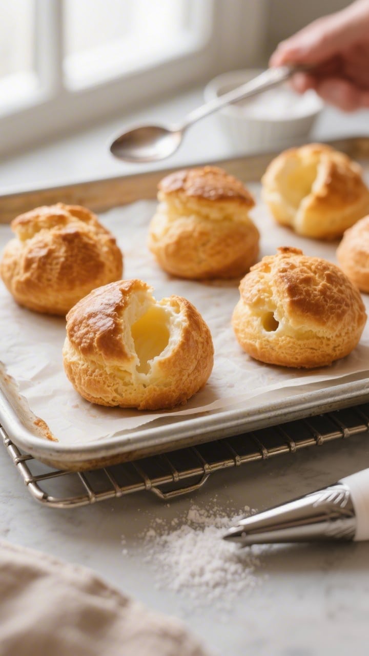 Close-up detail and process: Golden-brown cream puff shells just out of the oven, each pierced on th